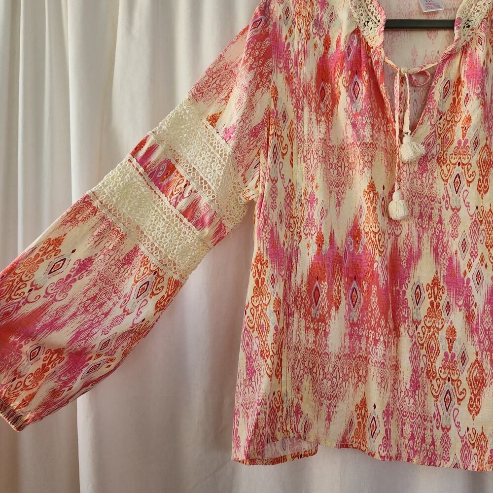 Stella Parker Bohemian Long Sleeve Top Crochet coastal XXL boho Pink Cream New - Picture 2 of 8